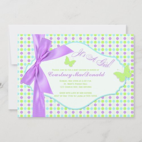 PRINTED BOW/Ribbon Purple Polka Dots Baby Shower Personalized Announcement