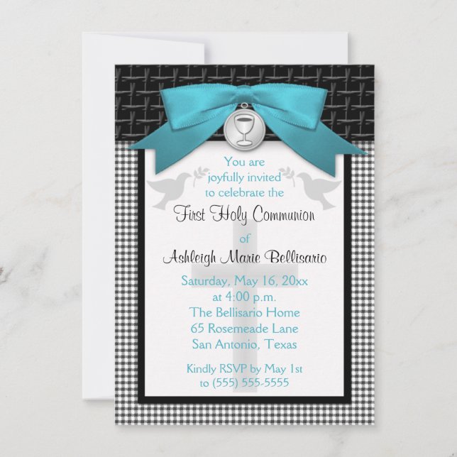 PRINTED BOW Teal First Holy Communion Invitation (Front)