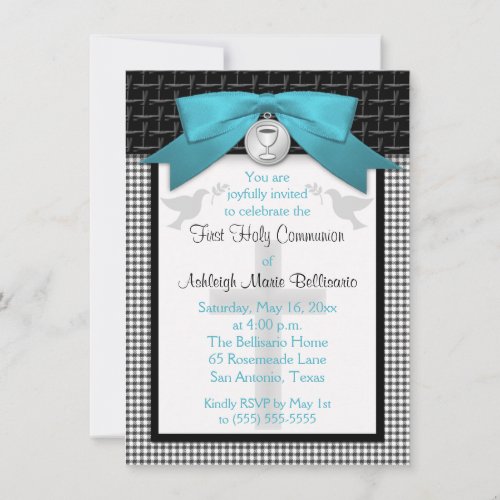 PRINTED BOW Teal First Holy Communion Invitation