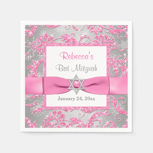 PRINTED Bow, Winter Wonderland Bat Mitzvah Napkins (Front)