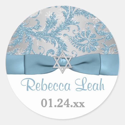 PRINTED Bow _ Winter Wonderland Damask Bat Mitzvah Classic Round Sticker