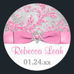 PRINTED Bow - Winter Wonderland Damask Bat Mitzvah Classic Round Sticker<br><div class="desc">This elegant 1.5" round ice pink, silver gray floral FAUX glitter damask pattern Bat Mitzvah sticker or envelope seal has a background of assorted white snowflakes on it and a PRINTED pink ribbon and bow with a silver grey Star of David brooch on it that matches the Bat Mitzvah invitation...</div>