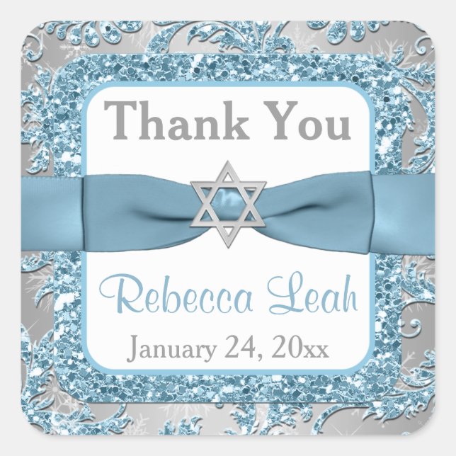 PRINTED Bow - Winter Wonderland Damask Bat Mitzvah Square Sticker (Front)