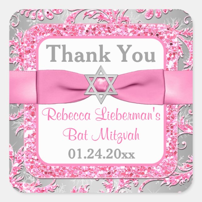 PRINTED Bow - Winter Wonderland Damask Bat Mitzvah Square Sticker (Front)