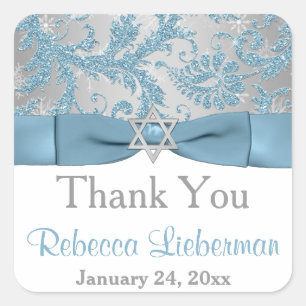 PRINTED Bow - Winter Wonderland Damask Bat Mitzvah Square Sticker