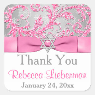 PRINTED Bow - Winter Wonderland Damask Bat Mitzvah Square Sticker