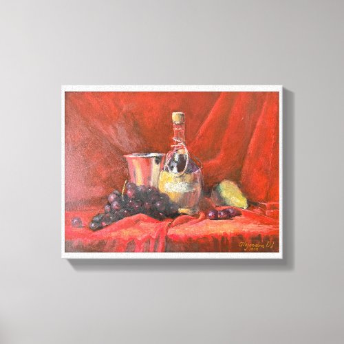 Printed canvas Wicker Wine Bottle with Fruits Canvas Print