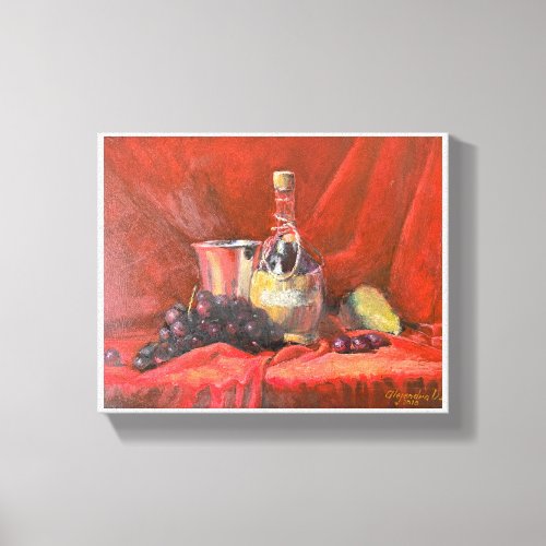 Printed canvas Wicker Wine Bottle with Fruits Canvas Print