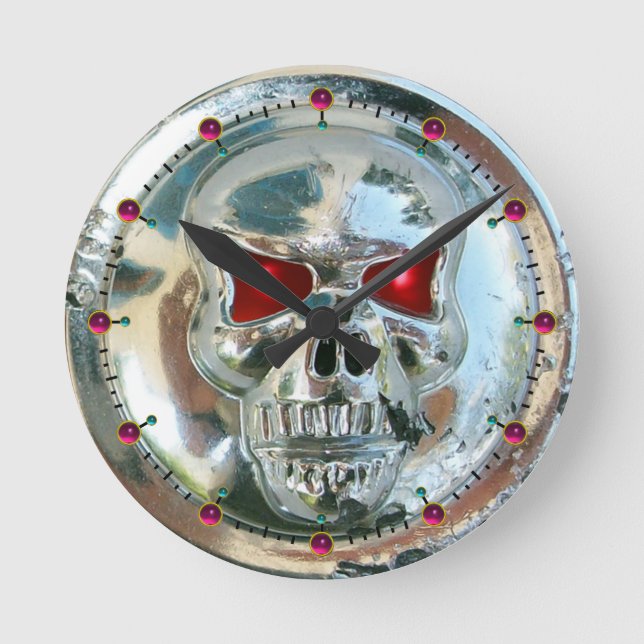 PRINTED CHROME SKULL Red Ruby Gems Round Clock (Front)