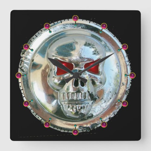 PRINTED CHROME SKULL Red Ruby Gems Square Wall Clock