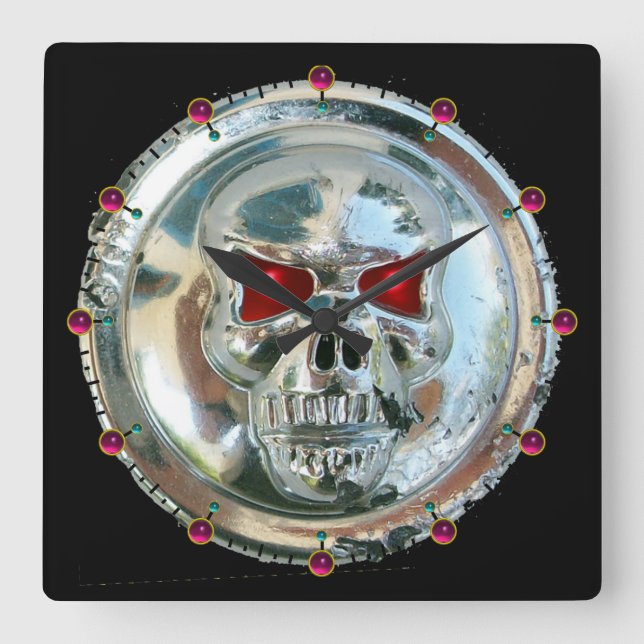 PRINTED CHROME SKULL Red Ruby Gems Square Wall Clock (Front)