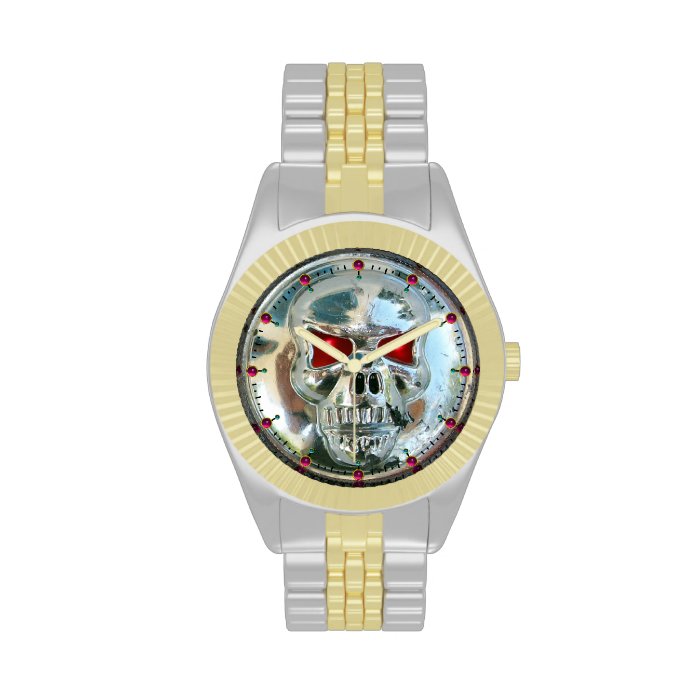 PRINTED CHROME SKULL Red  Ruby Gems Wrist Watch