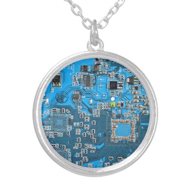 Printed Circuit Assembly PCB Blue Circuit Board Silver Plated Necklace (Front)