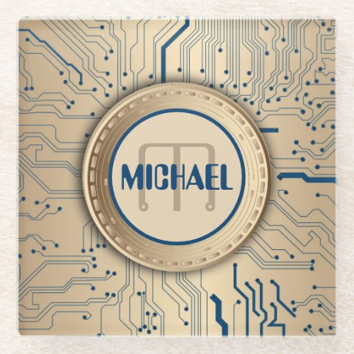 Printed Circuit Board Electronics Copper Monogram Glass Coaster