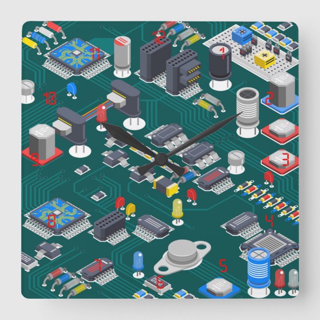 Printed Circuit Board (PCB) Red LED Square Wall Clock (Front)