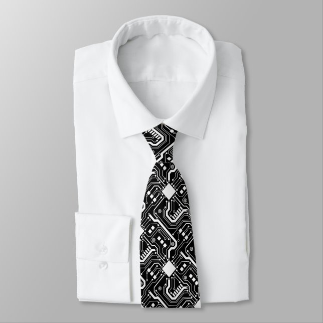 Printed Circuit Board - White on Black Neck Tie (Tied)