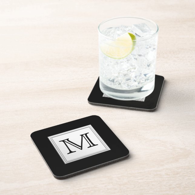 Printed Custom Monogram. Black and Pale Gray. Coaster (Right Side)