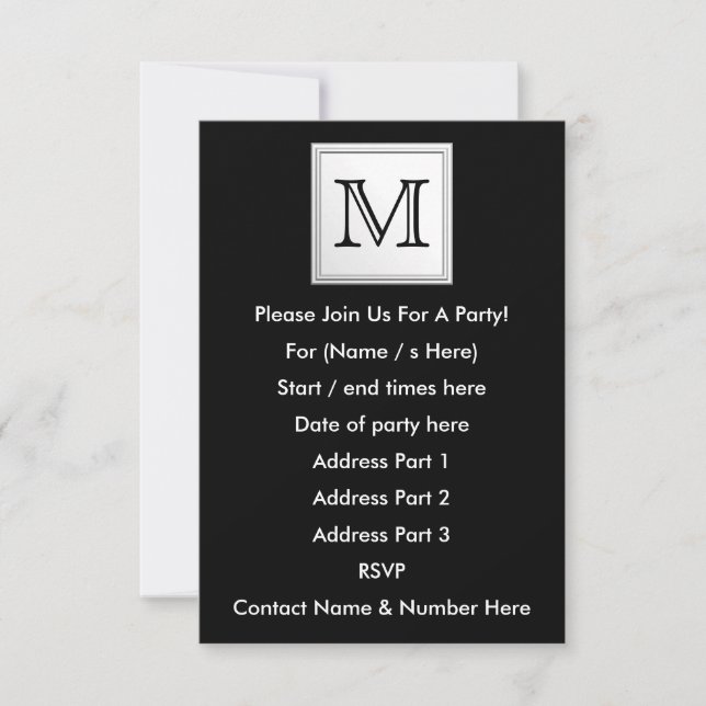 Printed Custom Monogram. Black and Pale Gray. Invitation (Front)