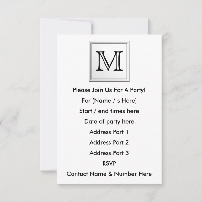 Printed Custom Monogram. Black and White. Invitation (Front)
