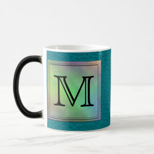 Printed Custom Monogram Image on Teal Pattern. Color Morph Mug