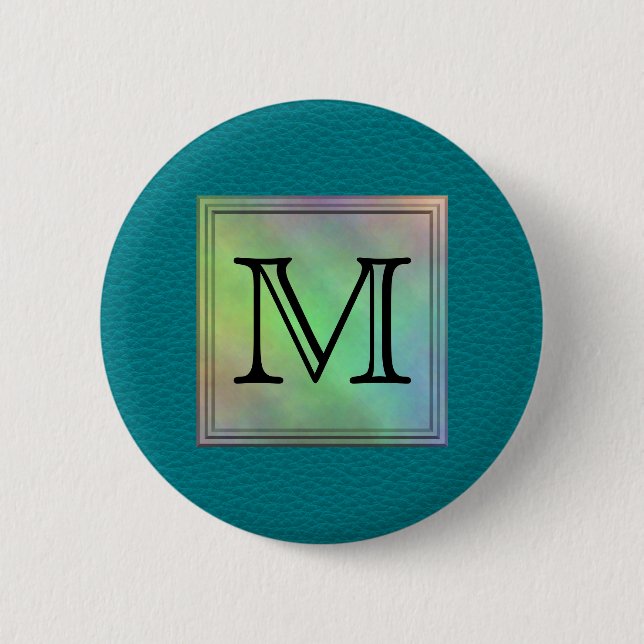 Printed Custom Monogram Image on Teal Pattern. Pinback Button (Front)