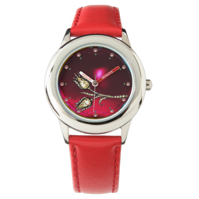 PRINTED DIAMOND TULIPS ,Red Ruby Gemstones Watch (Front)