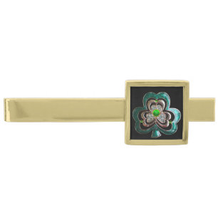 PRINTED EMERALD GREEN SHAMROCK JEWEL WITH GEMS GOLD FINISH TIE BAR