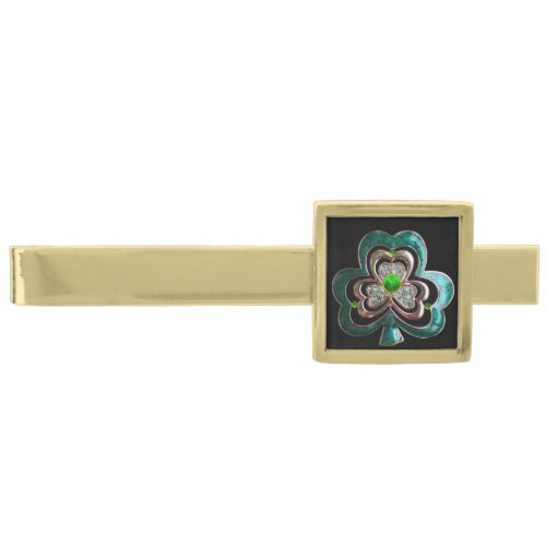 PRINTED EMERALD GREEN SHAMROCK JEWEL WITH GEMS GOLD FINISH TIE BAR