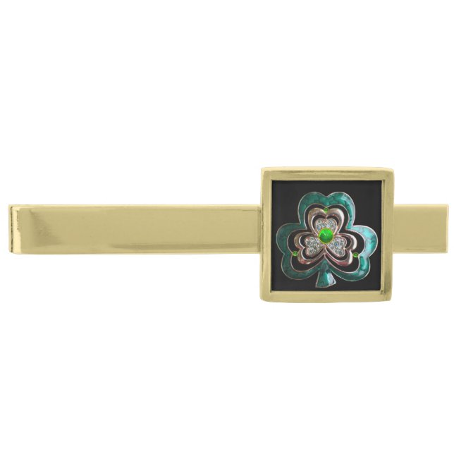 PRINTED EMERALD GREEN SHAMROCK JEWEL WITH GEMS GOLD FINISH TIE BAR (Front)