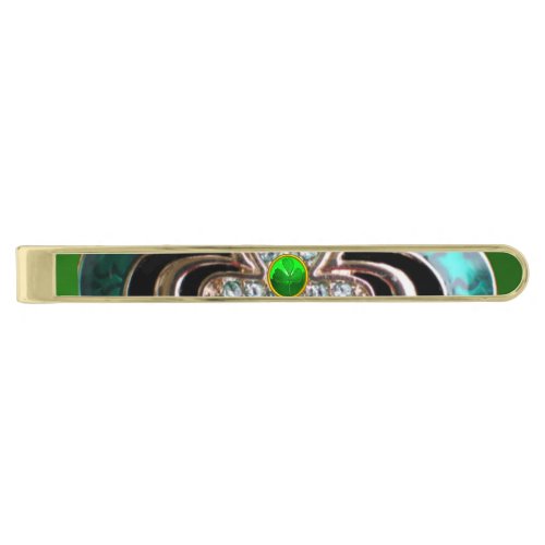 PRINTED EMERALD GREEN SHAMROCK JEWEL WITH GEMS GOLD FINISH TIE CLIP