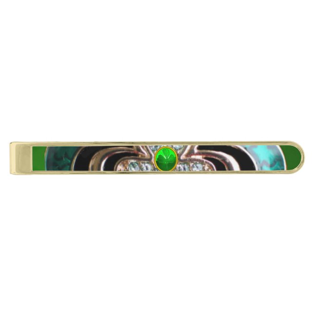 PRINTED EMERALD GREEN SHAMROCK JEWEL WITH GEMS GOLD FINISH TIE CLIP (Front)