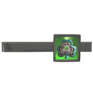 PRINTED EMERALD GREEN SHAMROCK JEWEL WITH GEMS GUNMETAL FINISH TIE CLIP