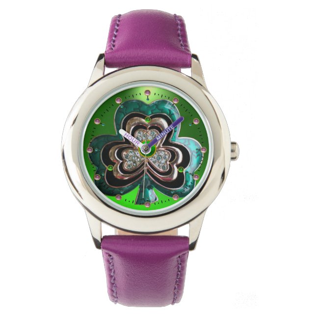 PRINTED EMERALD GREEN SHAMROCK JEWEL WITH GEMS WATCH (Front)