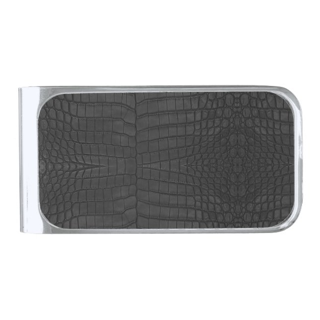  Printed Faux Black Crocodile Texture Silver Finish Money Clip (Front)