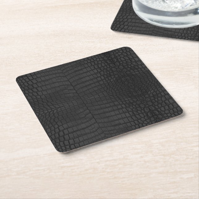  Printed Faux Black Crocodile Texture Square Paper Coaster (Angled)