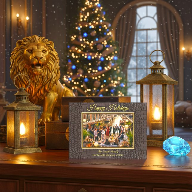 Printed Faux Brown Alligator Texture Photo Holiday Card (Luxury Brown Alligator Print Frame Photo Holiday Card)