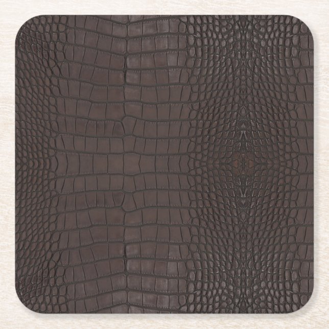 Printed Faux Brown Alligator Texture Square Paper Coaster (Front)