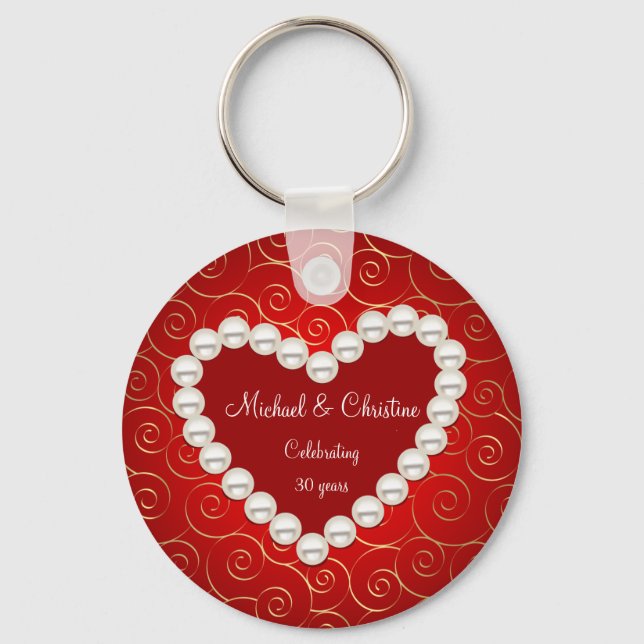 Printed Faux pearl red and gold anniversary Keychain (Front)