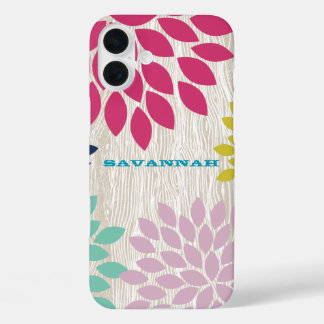 Printed Faux Wood Pattern Chrysanthemum Floral iPhone 16 Plus Case