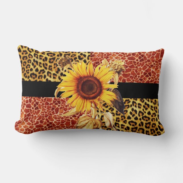 PRINTED GIRAFFE, LEOPARD FUR AND SUNFLOWER LUMBAR PILLOW (Front)