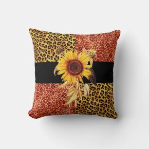 PRINTED GIRAFFE, LEOPARD FUR AND SUNFLOWER THROW PILLOW