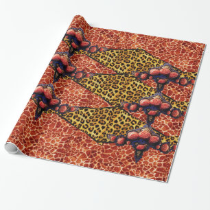 PRINTED GIRAFFE,LEOPARD FUR RIBBON,RED CORAL ROSES WRAPPING PAPER
