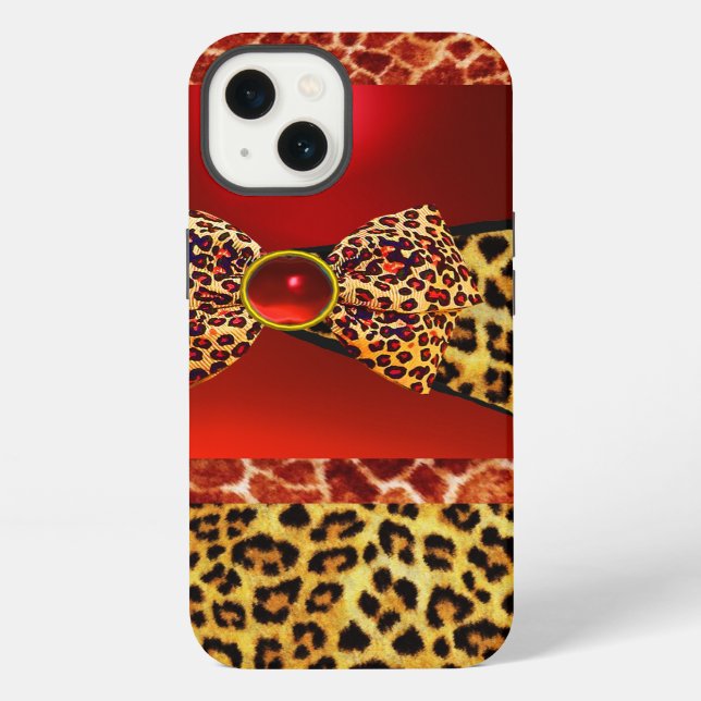 PRINTED GIRAFFE LEOPARD SKIN BOW,RED RUBY GEMSTONE IPHONE CASE (Back)