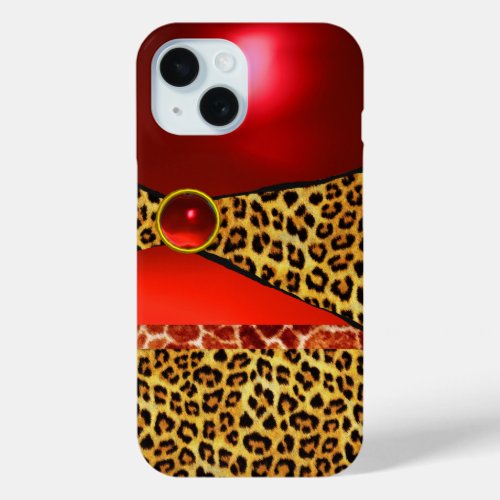 PRINTED GIRAFFE LEOPARD SKIN RED RUBY GEMSTONE iPhone 15 CASE