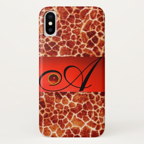 PRINTED GIRAFFE SKIN RED RUBY GEMSTONE MONOGRAM iPhone X CASE