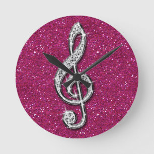 Printed Glitzy Sparkly Diamond Music Note Round Clock