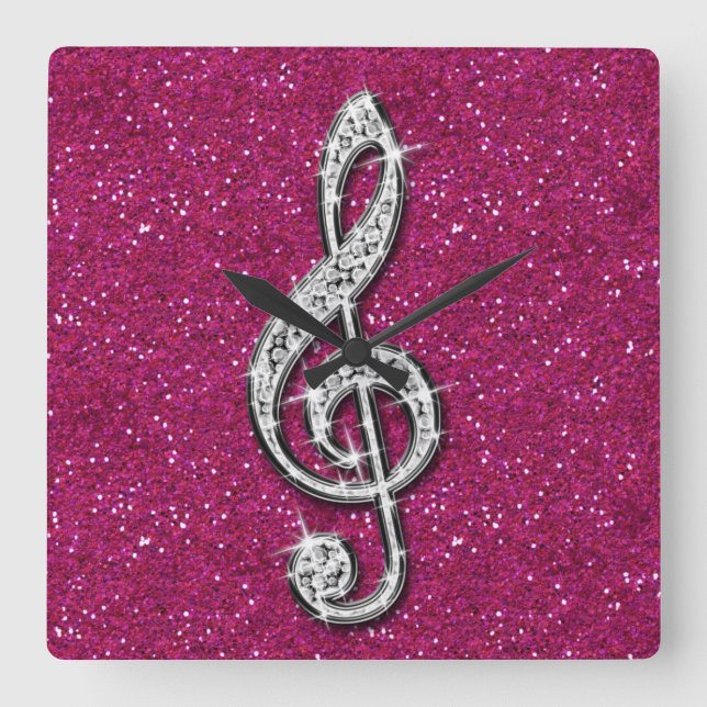 Printed Glitzy Sparkly Diamond Music Note Square Wall Clock (Front)