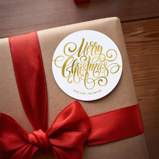  Printed Gold Foil Fancy Script "Merry Christmas"  Classic Round Sticker