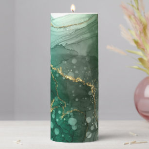 Printed Green Marble and Glitter Decorative Pillar Candle