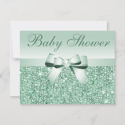 Printed Green Sequins Bow  Diamond Baby Shower Invitation